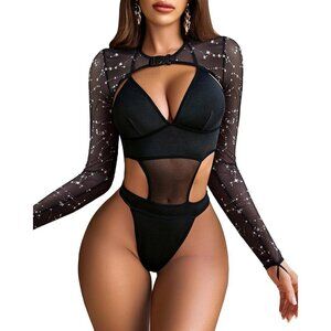 Women Silver Stars Festival Lingerie Bodysuit Buckle Shrug Crop Top Set Outfits